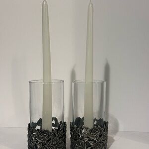 Vintage Roses Candle holder. Pewter And Glass. Stunning!! Set of 2